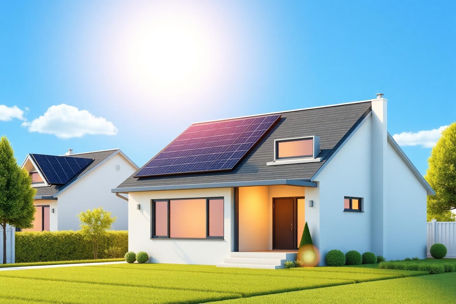 AI-generated illustration of a suburban home with rooftop solar panels under bright sun